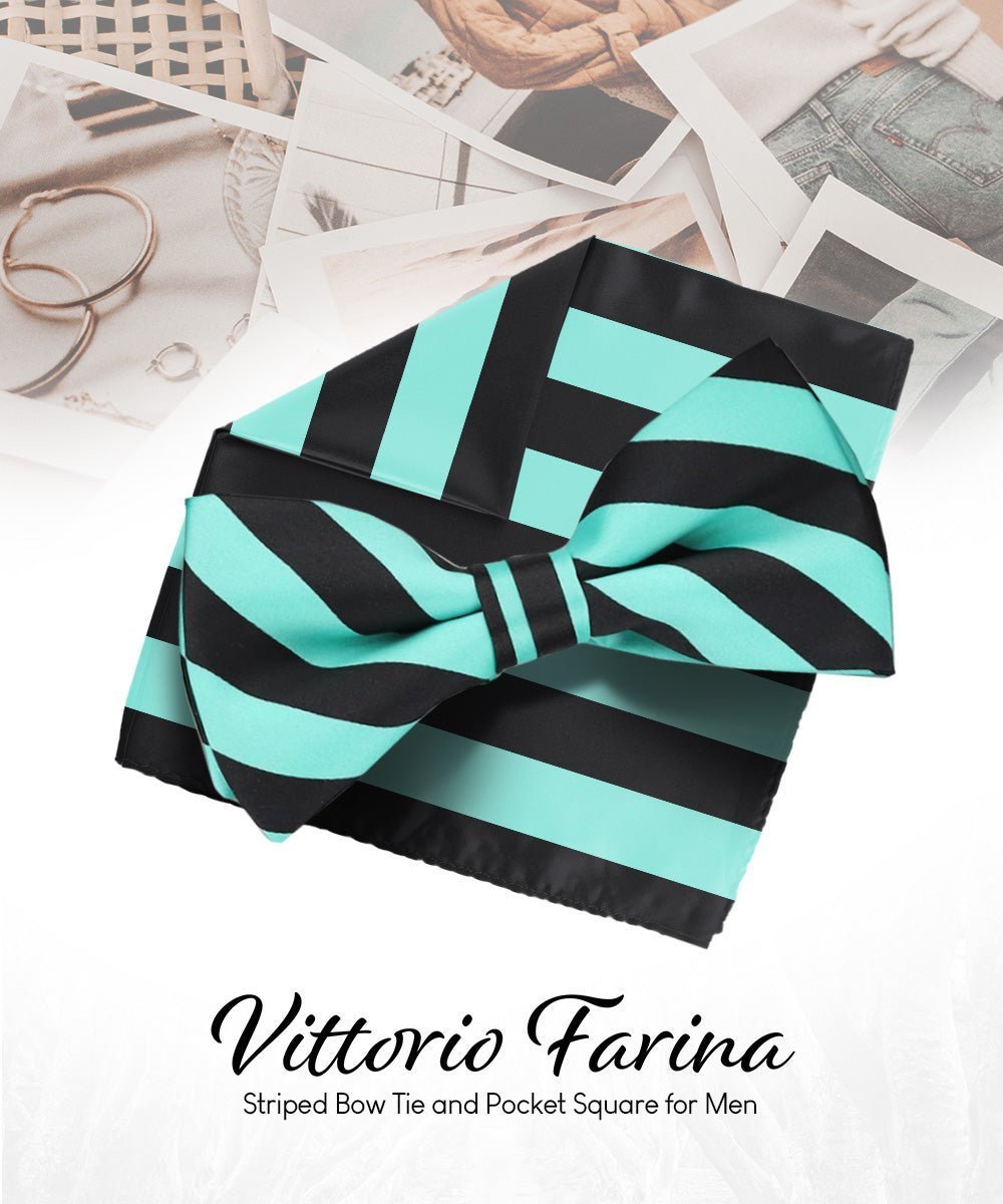 Vittorio Farina Men's Striped Satin Bow Tie & Pocket Square in Gift Box - Aqua and Black - Bow Tie & Pocket Square - Vittorio Farina