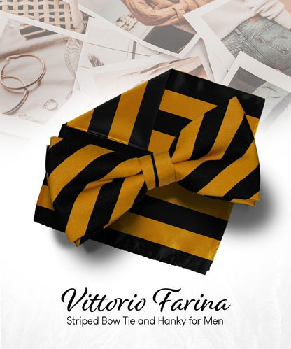 Vittorio Farina Men's Striped Satin Bow Tie & Pocket Square in Gift Box - Black and Mustard - Bow Tie & Pocket Square - Vittorio Farina