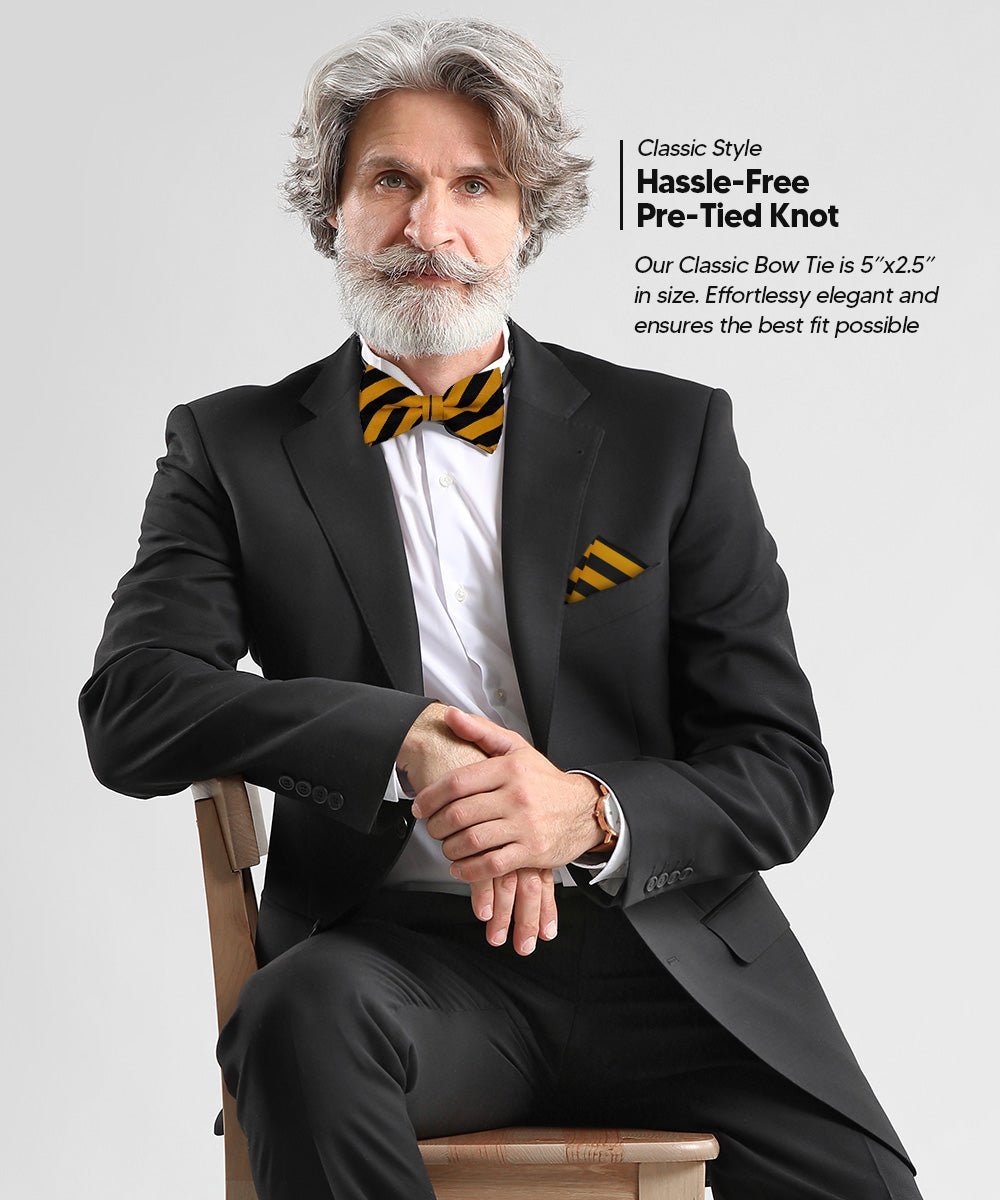 Vittorio Farina Men's Striped Satin Bow Tie & Pocket Square in Gift Box - Black and Mustard - Bow Tie & Pocket Square - Vittorio Farina