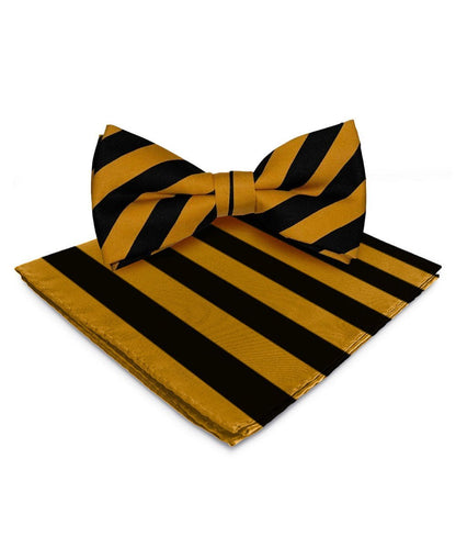 Vittorio Farina Men's Striped Satin Bow Tie & Pocket Square in Gift Box - Black and Mustard - Bow Tie & Pocket Square - Vittorio Farina
