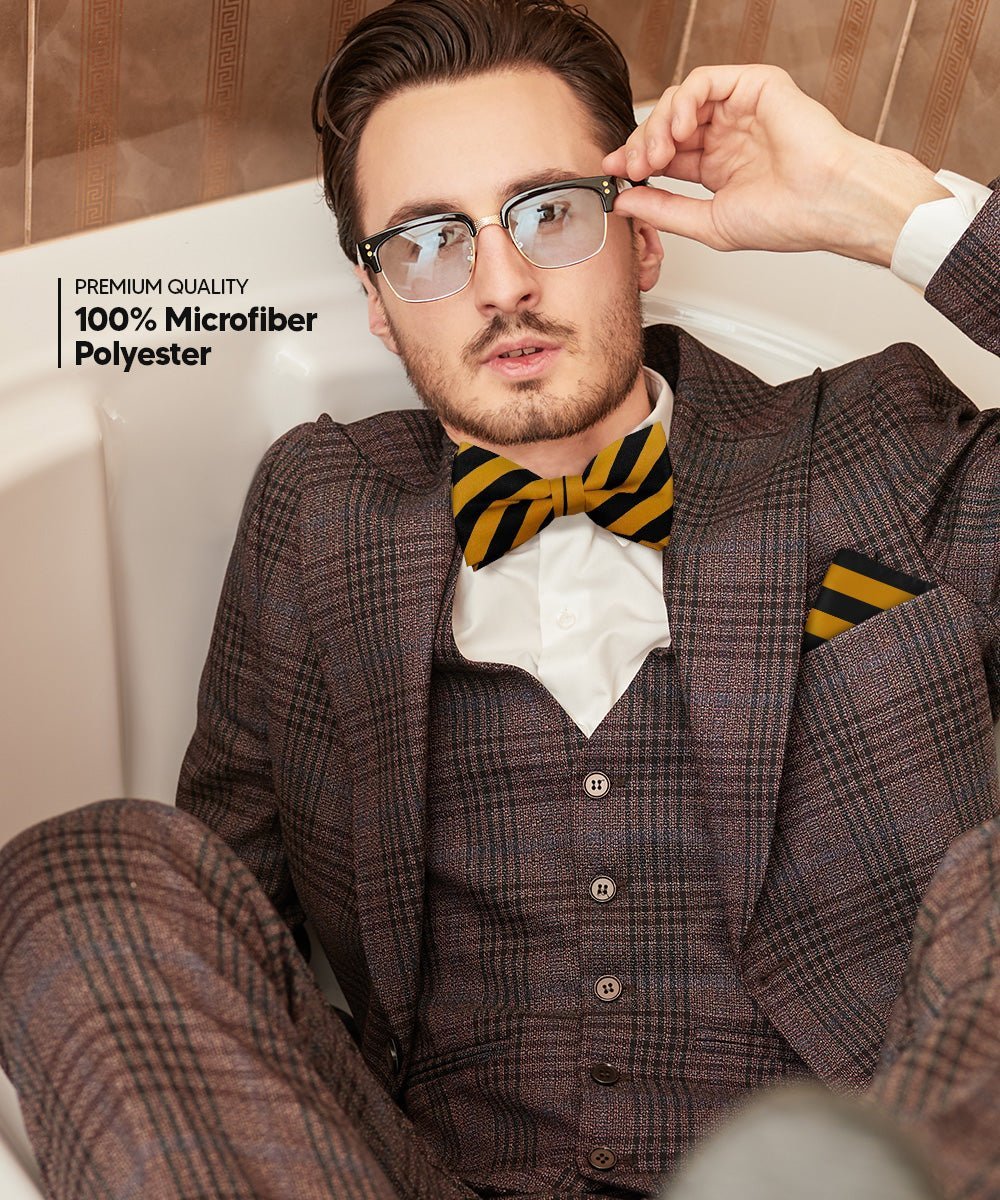 Vittorio Farina Men's Striped Satin Bow Tie & Pocket Square in Gift Box - Black and Mustard - Bow Tie & Pocket Square - Vittorio Farina