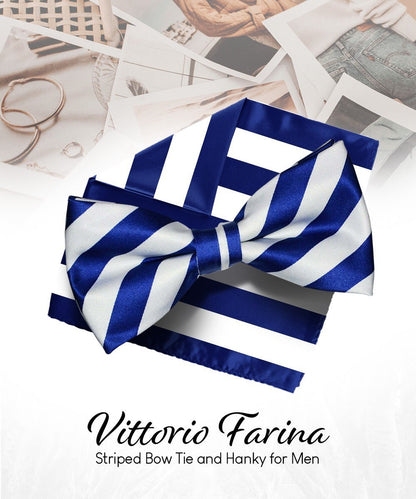 Vittorio Farina Men's Striped Satin Bow Tie & Pocket Square in Gift Box - Blue and White - Bow Tie & Pocket Square - Vittorio Farina