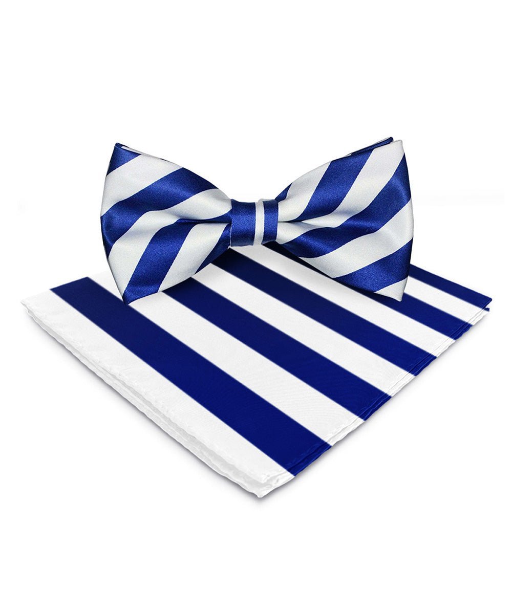 Vittorio Farina Men's Striped Satin Bow Tie & Pocket Square in Gift Box - Blue and White - Bow Tie & Pocket Square - Vittorio Farina