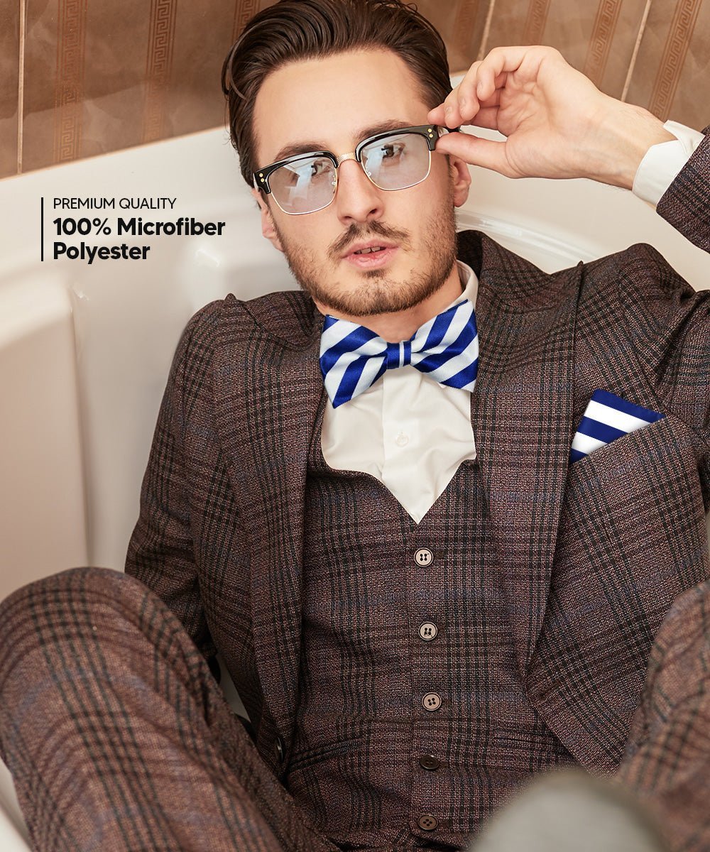 Vittorio Farina Men's Striped Satin Bow Tie & Pocket Square in Gift Box - Blue and White - Bow Tie & Pocket Square - Vittorio Farina