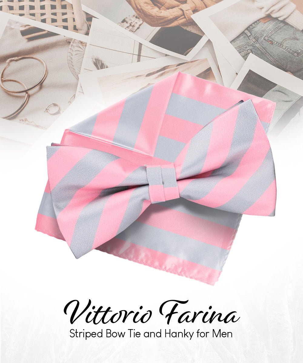 Vittorio Farina Men's Striped Satin Bow Tie & Pocket Square in Gift Box - Blue and White - Bow Tie & Pocket Square - Vittorio Farina