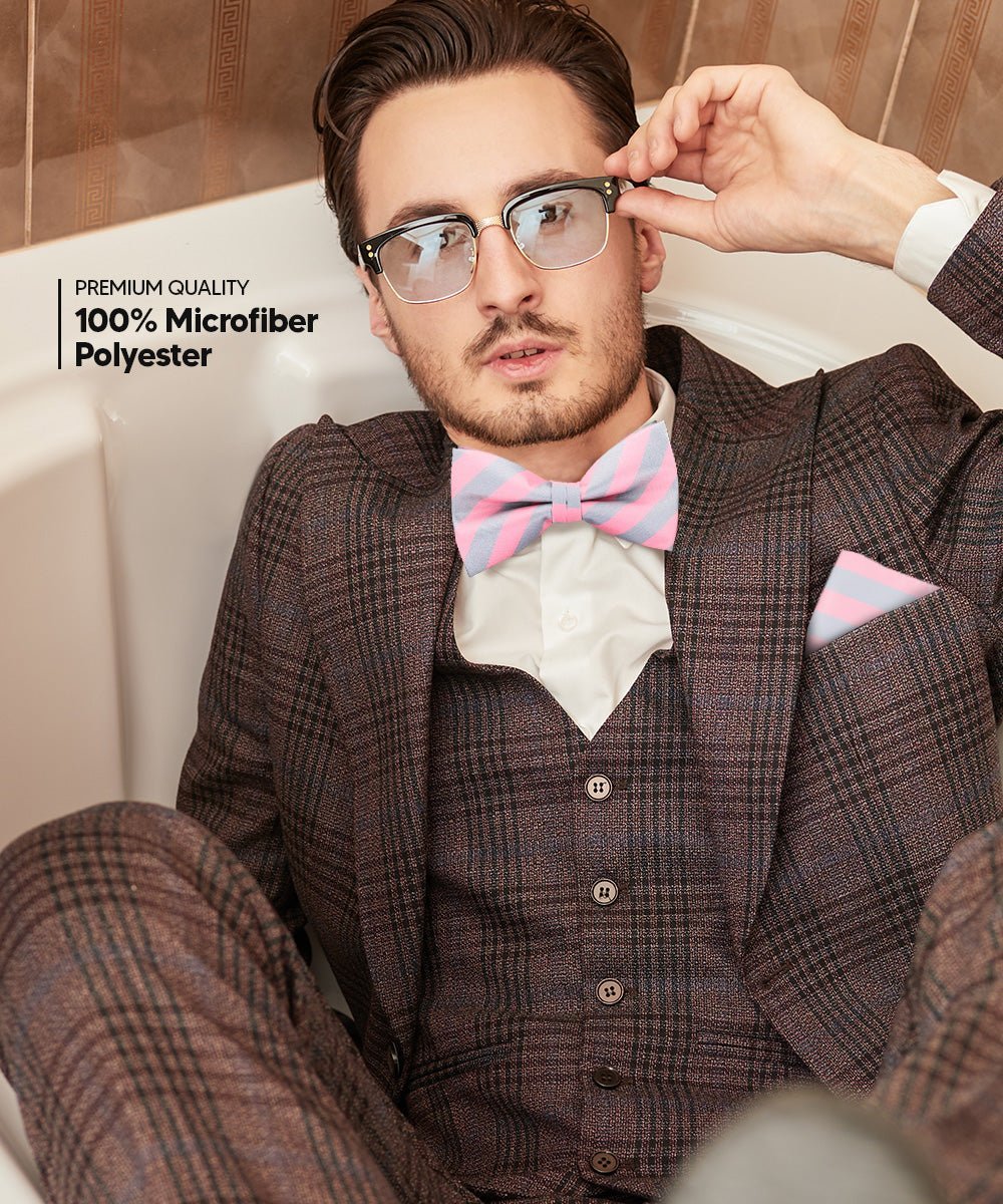 Vittorio Farina Men's Striped Satin Bow Tie & Pocket Square in Gift Box - Blue and White - Bow Tie & Pocket Square - Vittorio Farina