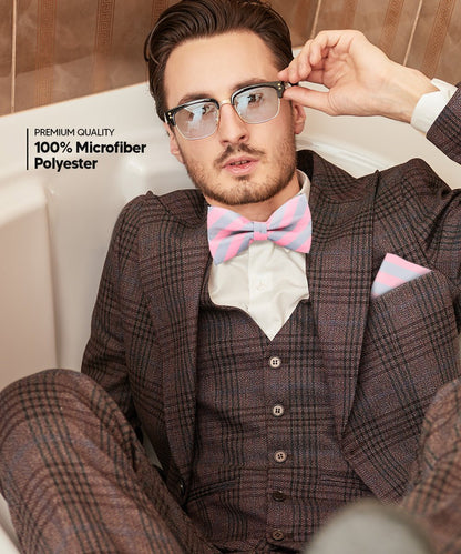 Vittorio Farina Men's Striped Satin Bow Tie & Pocket Square in Gift Box - Blue and White - Bow Tie & Pocket Square - Vittorio Farina