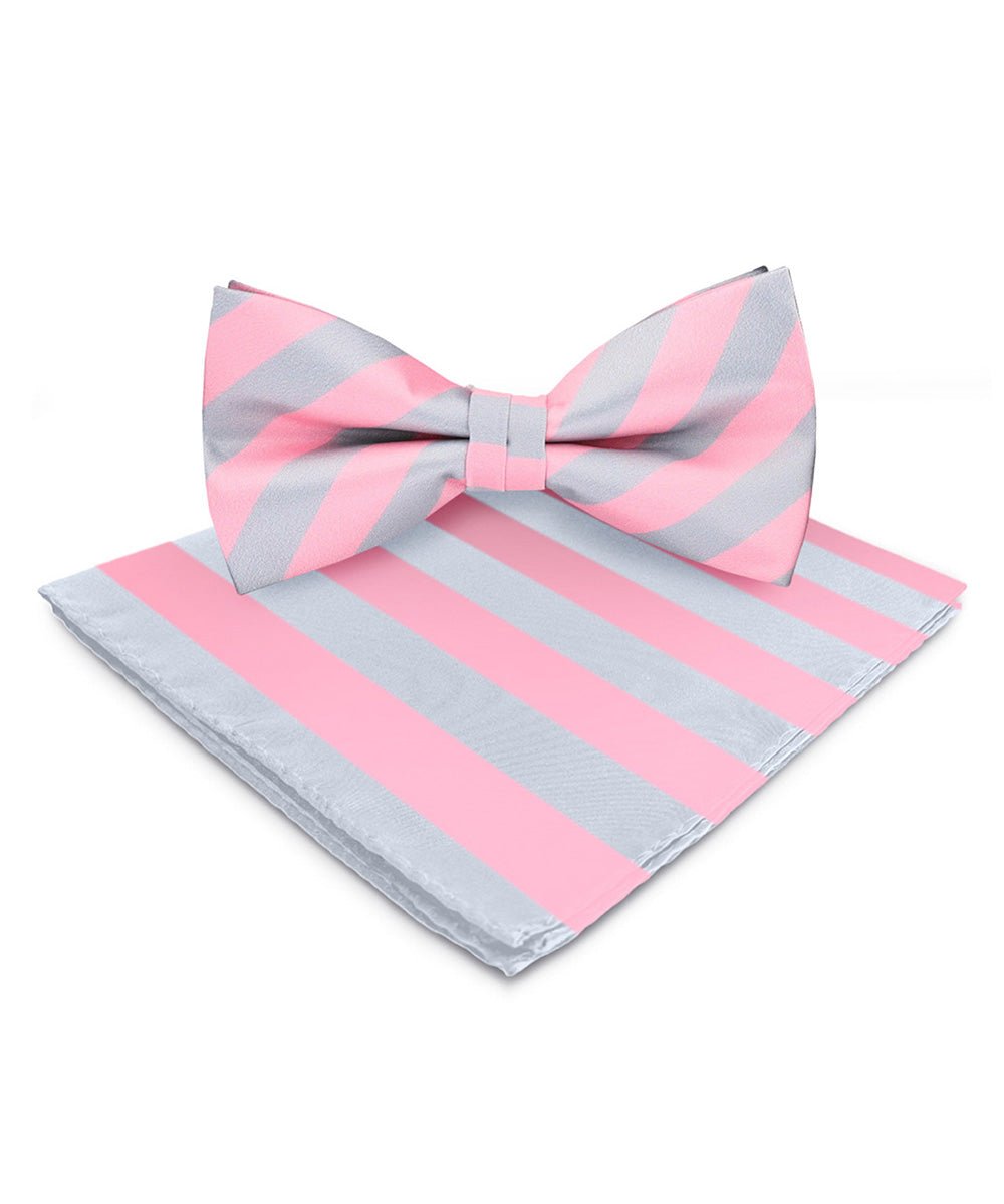 Vittorio Farina Men's Striped Satin Bow Tie & Pocket Square in Gift Box - Bubblegum Pink and Gray - Bow Tie & Pocket Square - Vittorio Farina