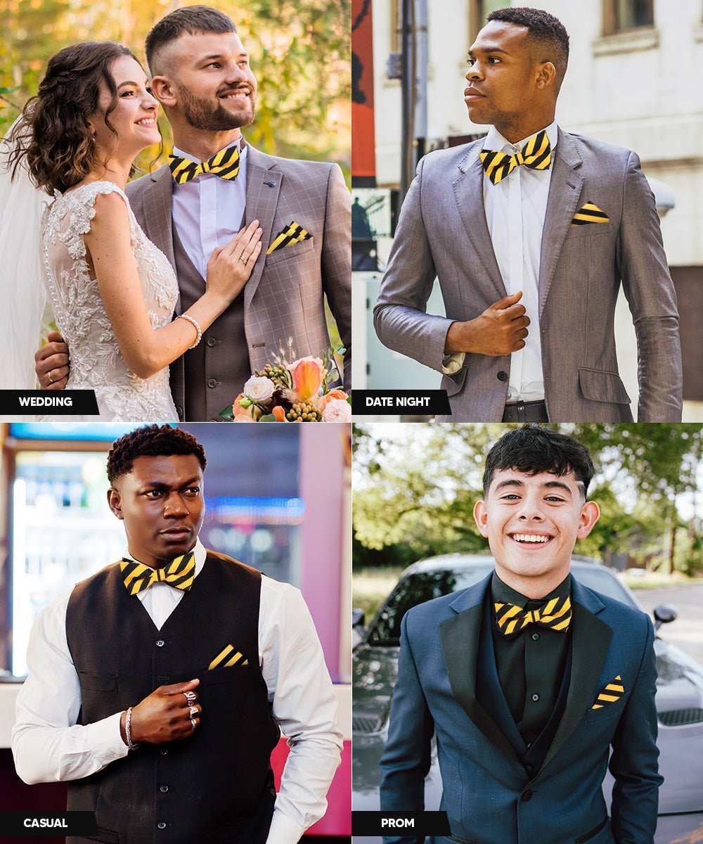 Vittorio Farina Men's Striped Satin Bow Tie & Pocket Square in Gift Box - Gold and Black - Bow Tie & Pocket Square - Vittorio Farina