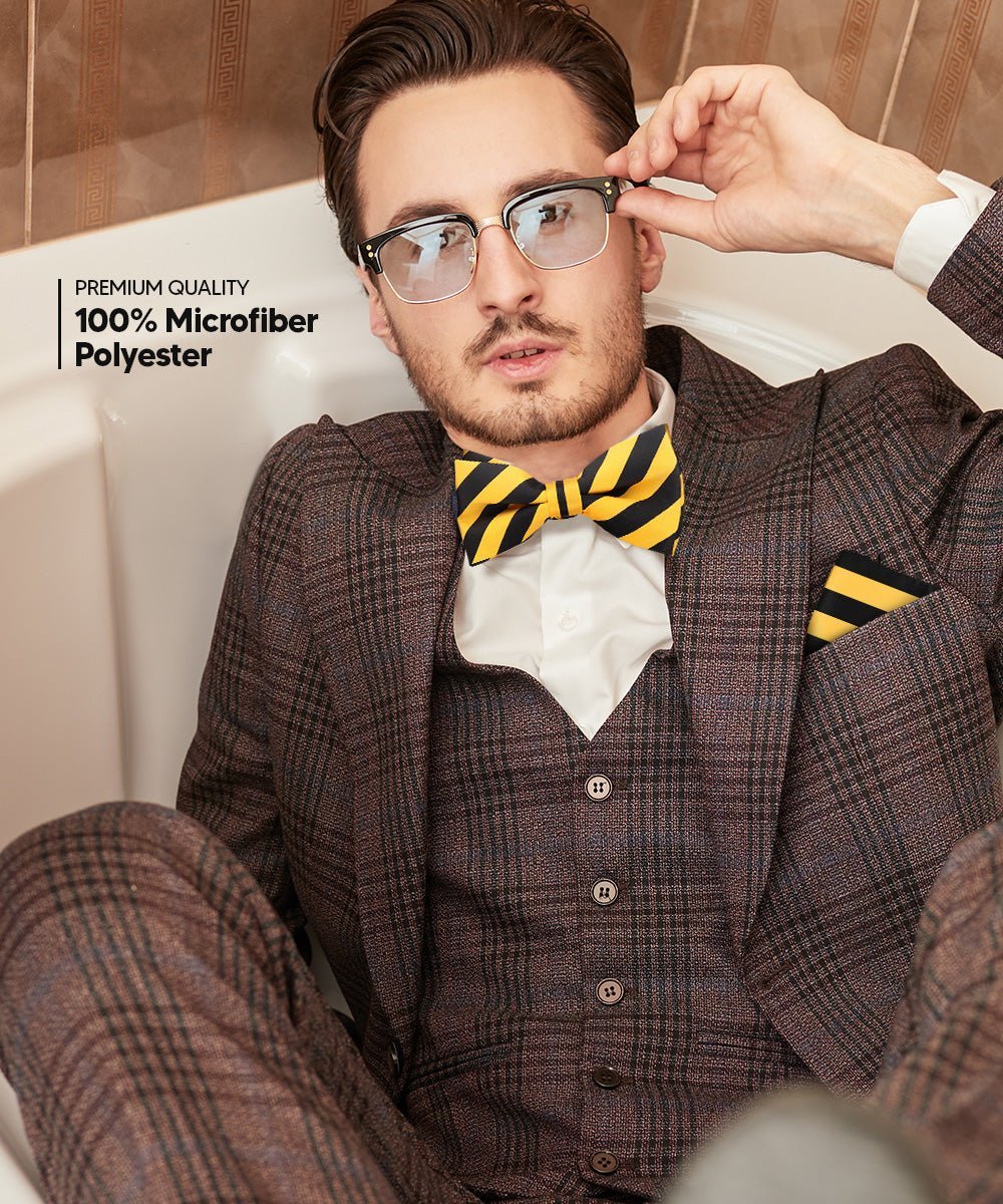 Vittorio Farina Men's Striped Satin Bow Tie & Pocket Square in Gift Box - Gold and Black - Bow Tie & Pocket Square - Vittorio Farina