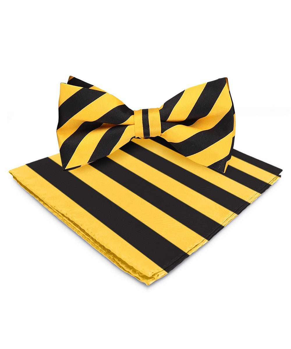 Vittorio Farina Men's Striped Satin Bow Tie & Pocket Square in Gift Box - Gold and Black - Bow Tie & Pocket Square - Vittorio Farina