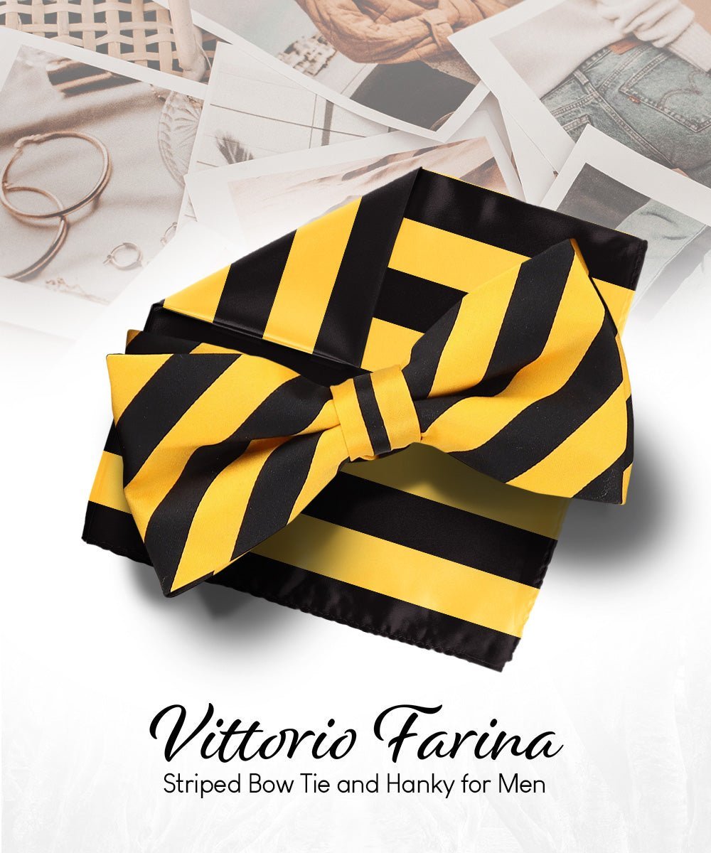 Vittorio Farina Men's Striped Satin Bow Tie & Pocket Square in Gift Box - Gold and Black - Bow Tie & Pocket Square - Vittorio Farina