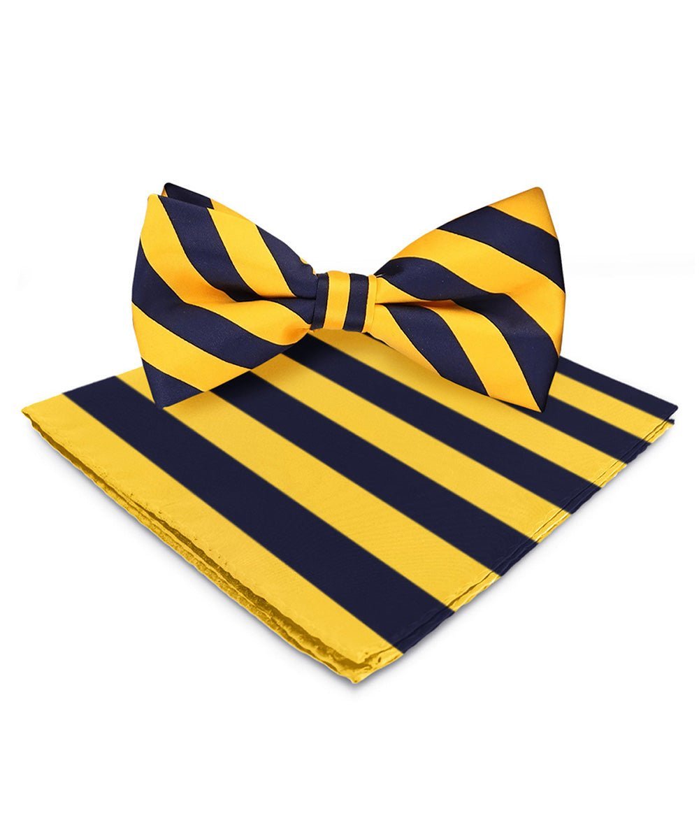 Vittorio Farina Men's Striped Satin Bow Tie & Pocket Square in Gift Box - Gold and Navy Blue - Bow Tie & Pocket Square - Vittorio Farina