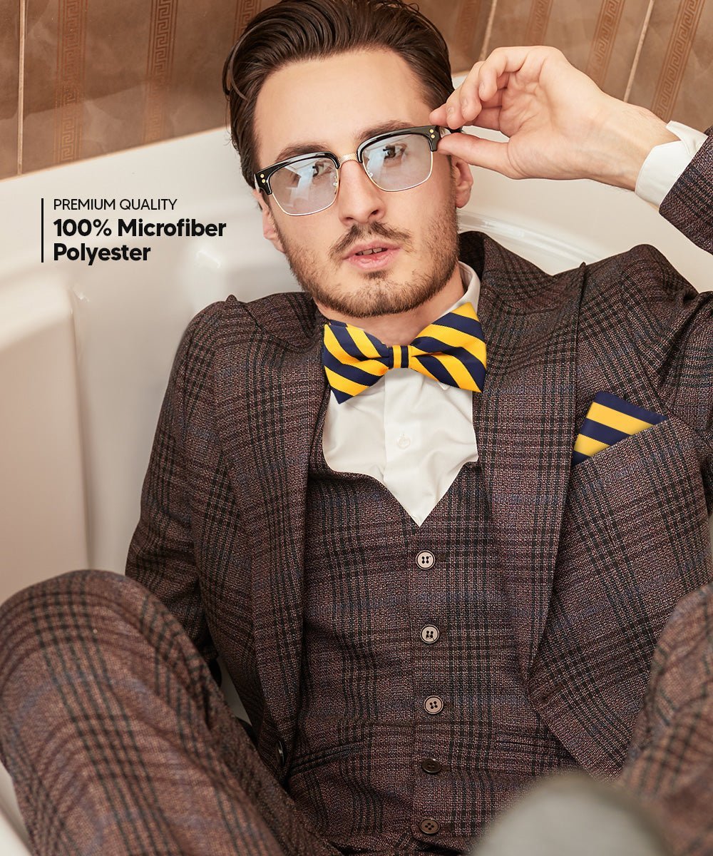 Vittorio Farina Men's Striped Satin Bow Tie & Pocket Square in Gift Box - Gold and Navy Blue - Bow Tie & Pocket Square - Vittorio Farina