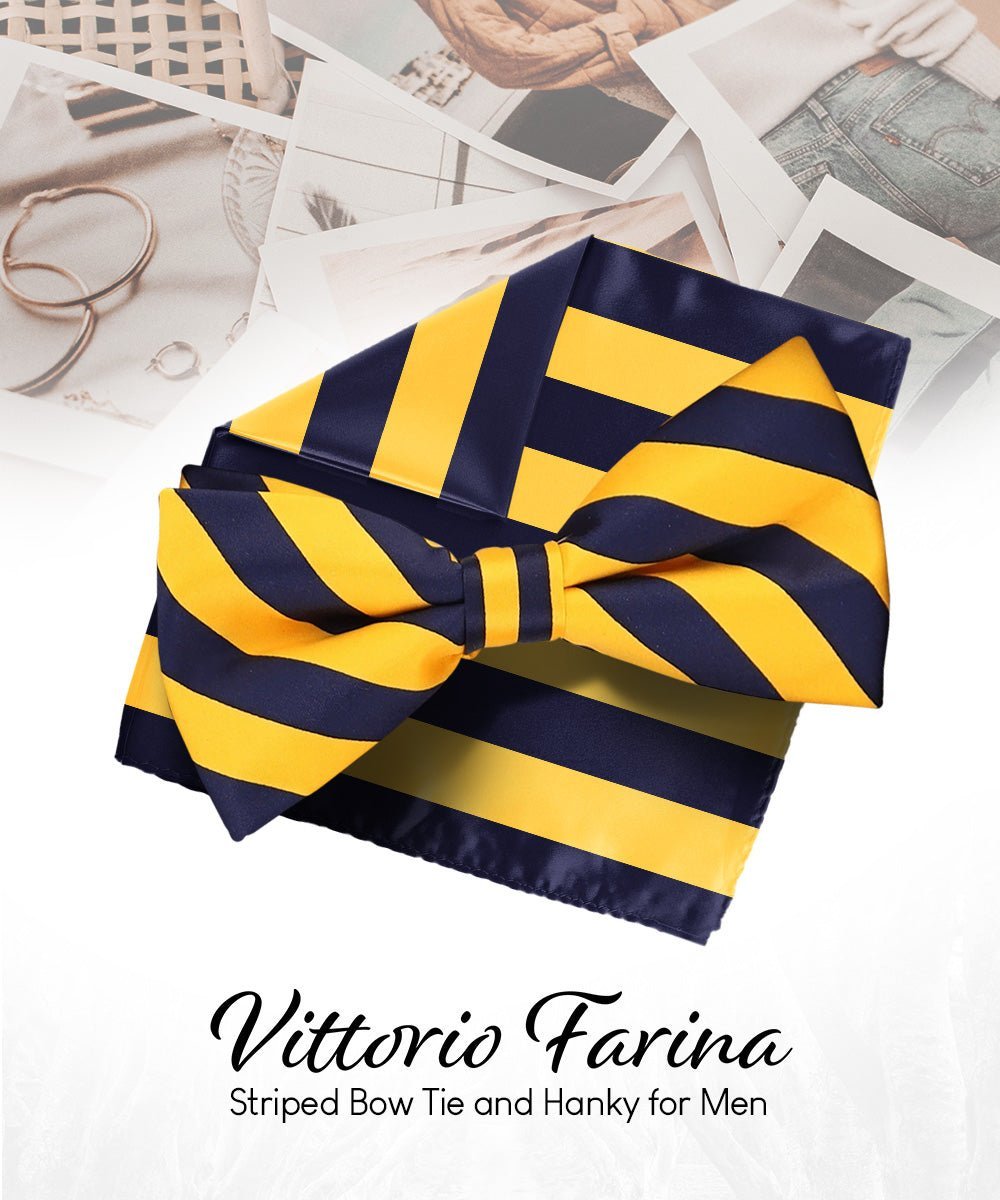 Vittorio Farina Men's Striped Satin Bow Tie & Pocket Square in Gift Box - Gold and Navy Blue - Bow Tie & Pocket Square - Vittorio Farina