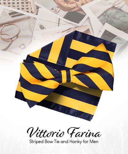 Vittorio Farina Men's Striped Satin Bow Tie & Pocket Square in Gift Box - Gold and Navy Blue - Bow Tie & Pocket Square - Vittorio Farina