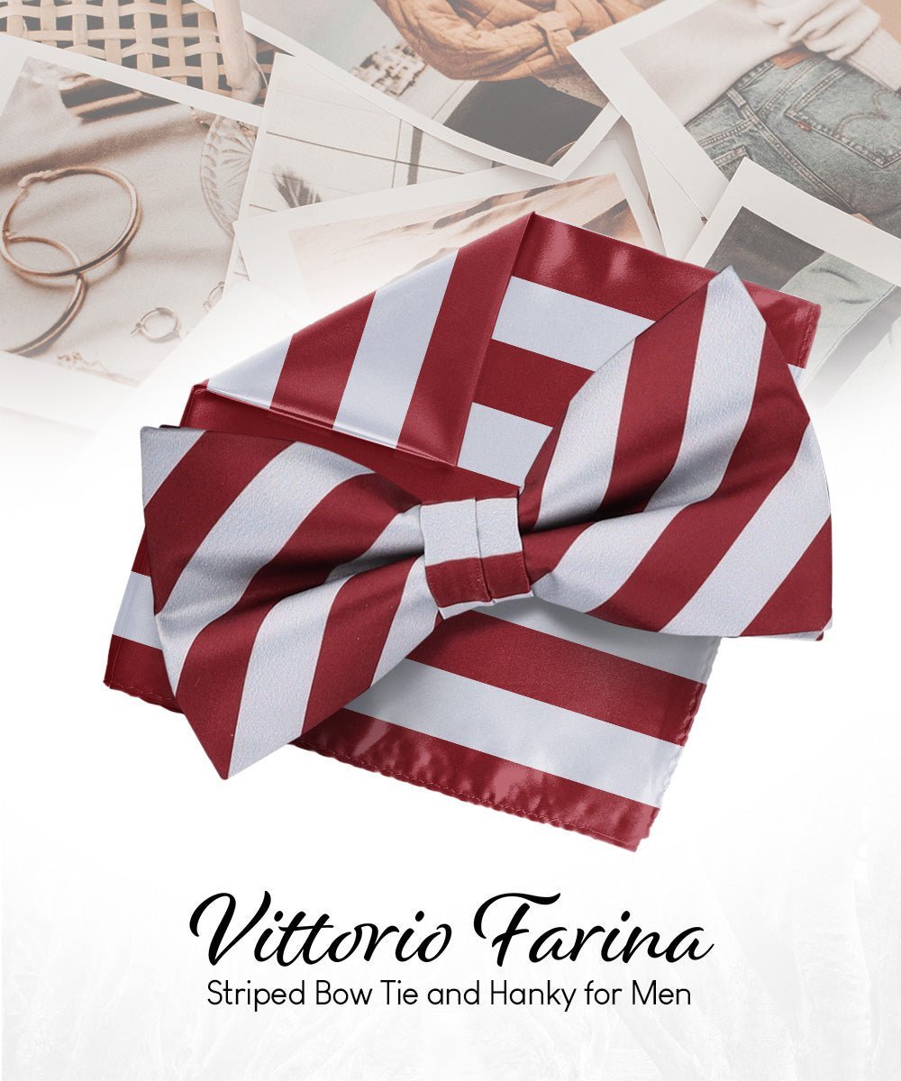 Vittorio Farina Men's Striped Satin Bow Tie & Pocket Square in Gift Box - Gray and Burgundy - Bow Tie & Pocket Square - Vittorio Farina
