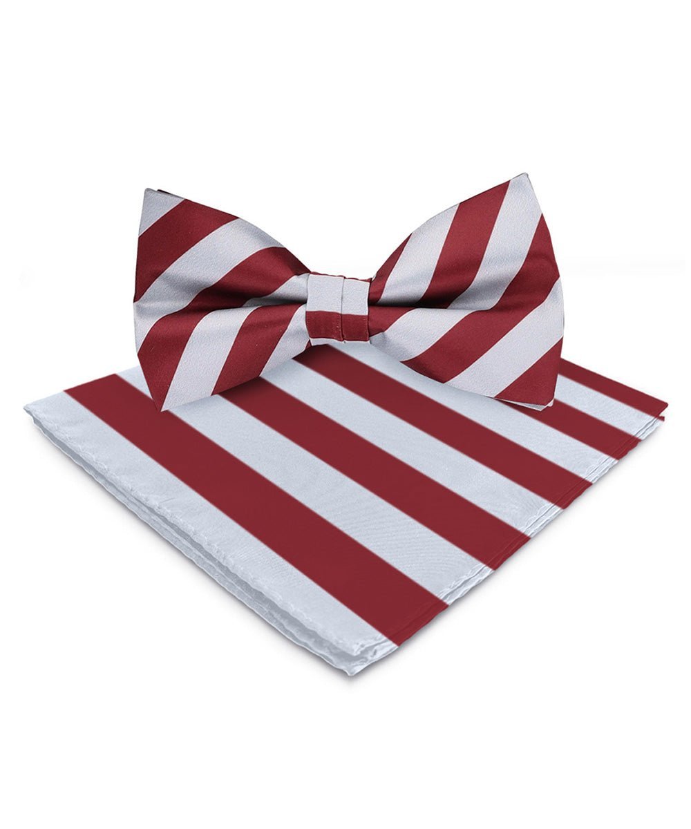 Vittorio Farina Men's Striped Satin Bow Tie & Pocket Square in Gift Box - Gray and Burgundy - Bow Tie & Pocket Square - Vittorio Farina
