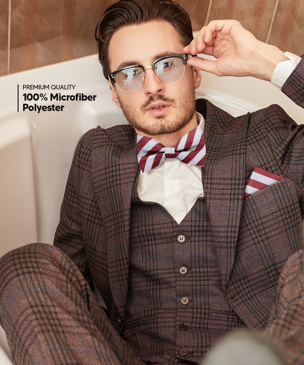 Vittorio Farina Men's Striped Satin Bow Tie & Pocket Square in Gift Box - Gray and Burgundy - Bow Tie & Pocket Square - Vittorio Farina