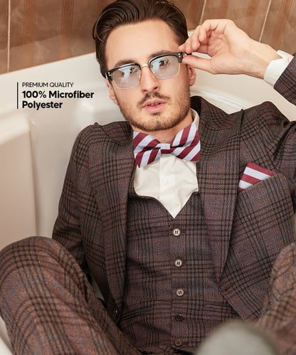 Vittorio Farina Men's Striped Satin Bow Tie & Pocket Square in Gift Box - Gray and Burgundy - Bow Tie & Pocket Square - Vittorio Farina