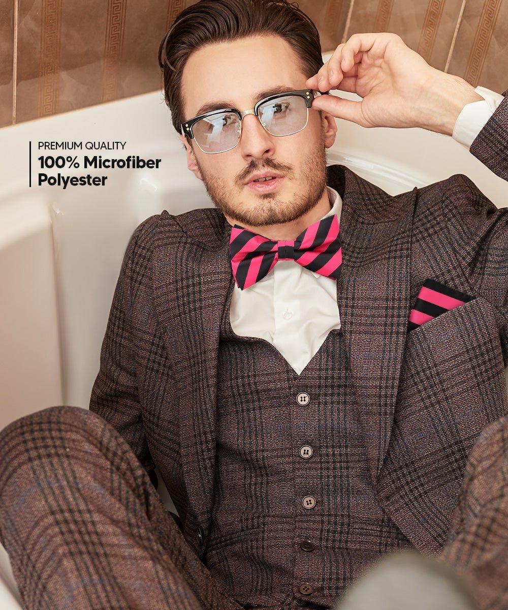 Vittorio Farina Men's Striped Satin Bow Tie & Pocket Square in Gift Box - Hot Pink and Black - Bow Tie & Pocket Square - Vittorio Farina
