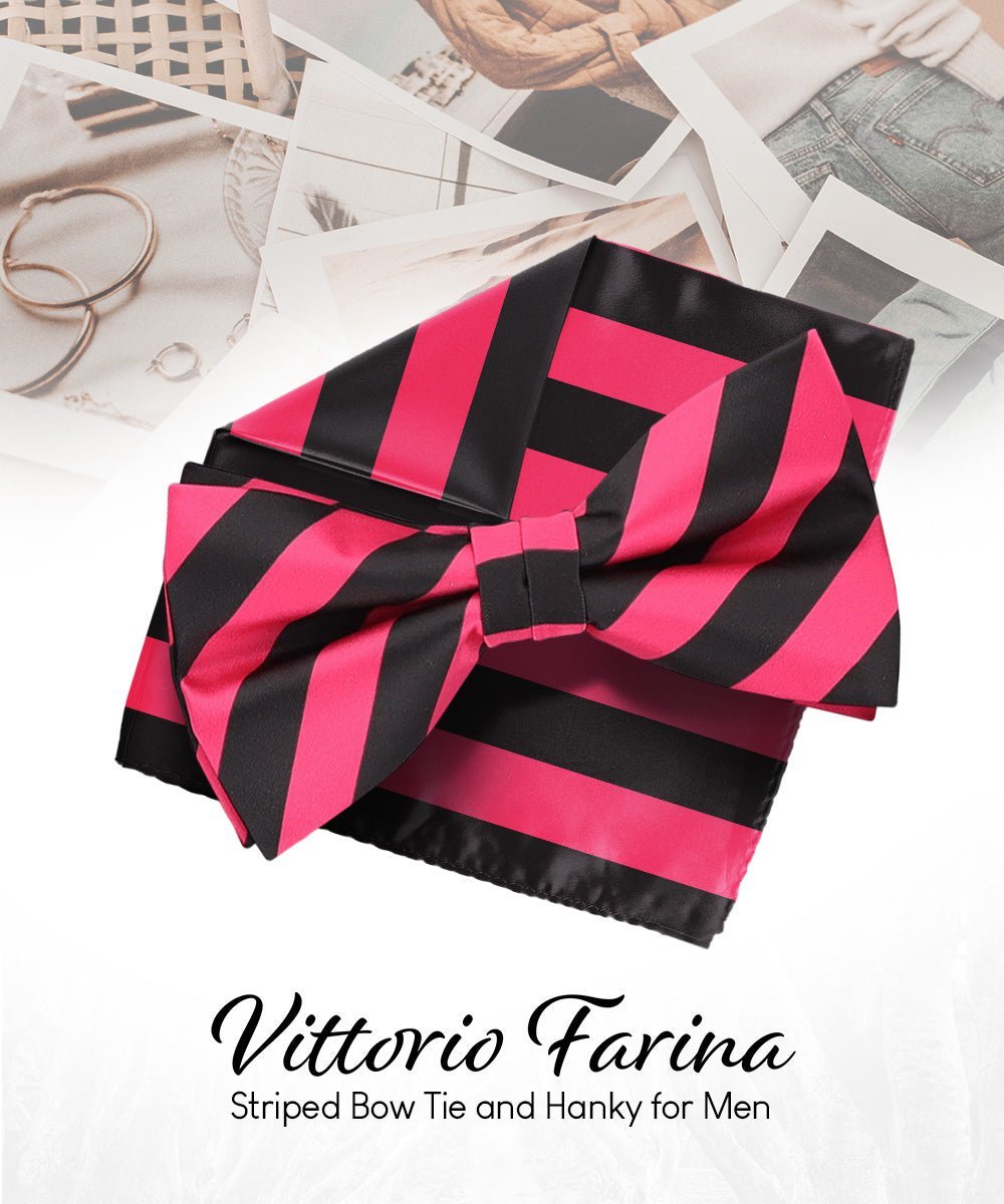 Vittorio Farina Men's Striped Satin Bow Tie & Pocket Square in Gift Box - Hot Pink and Black - Bow Tie & Pocket Square - Vittorio Farina