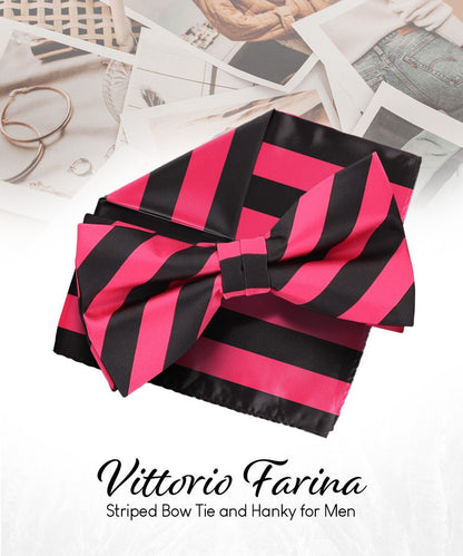 Vittorio Farina Men's Striped Satin Bow Tie & Pocket Square in Gift Box - Hot Pink and Black - Bow Tie & Pocket Square - Vittorio Farina
