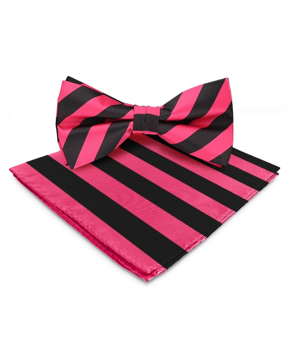 Vittorio Farina Men's Striped Satin Bow Tie & Pocket Square in Gift Box - Hot Pink and Black - Bow Tie & Pocket Square - Vittorio Farina