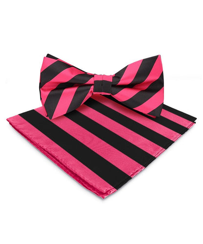 Vittorio Farina Men's Striped Satin Bow Tie & Pocket Square in Gift Box - Hot Pink and Black - Bow Tie & Pocket Square - Vittorio Farina