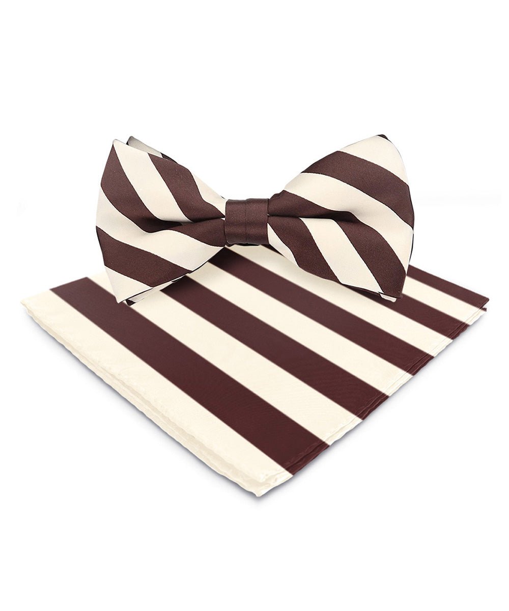 Vittorio Farina Men's Striped Satin Bow Tie & Pocket Square in Gift Box - Ivory and Brown - Bow Tie & Pocket Square - Vittorio Farina
