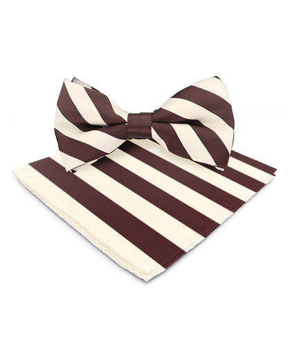 Vittorio Farina Men's Striped Satin Bow Tie & Pocket Square in Gift Box - Ivory and Brown - Bow Tie & Pocket Square - Vittorio Farina