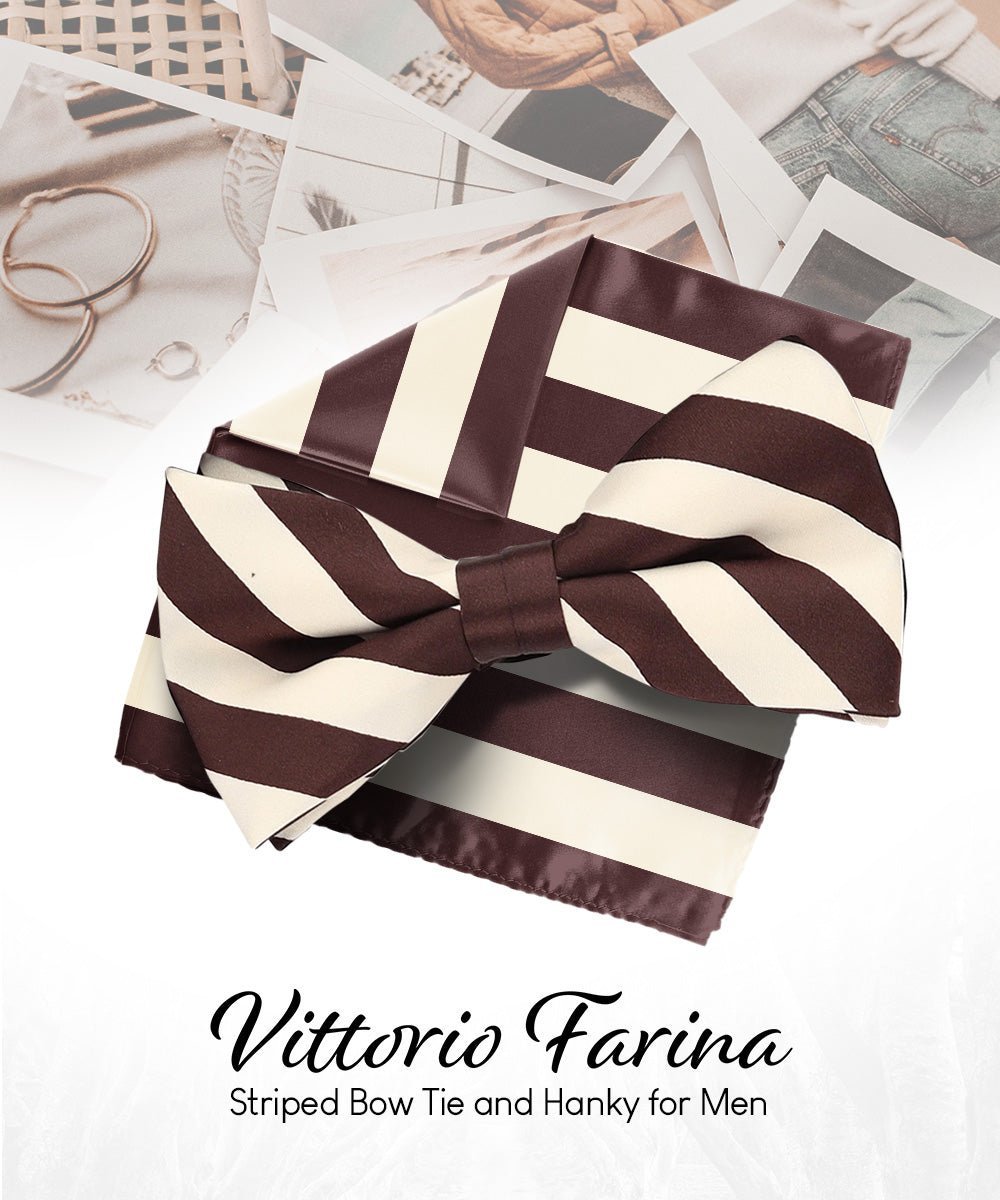 Vittorio Farina Men's Striped Satin Bow Tie & Pocket Square in Gift Box - Ivory and Brown - Bow Tie & Pocket Square - Vittorio Farina