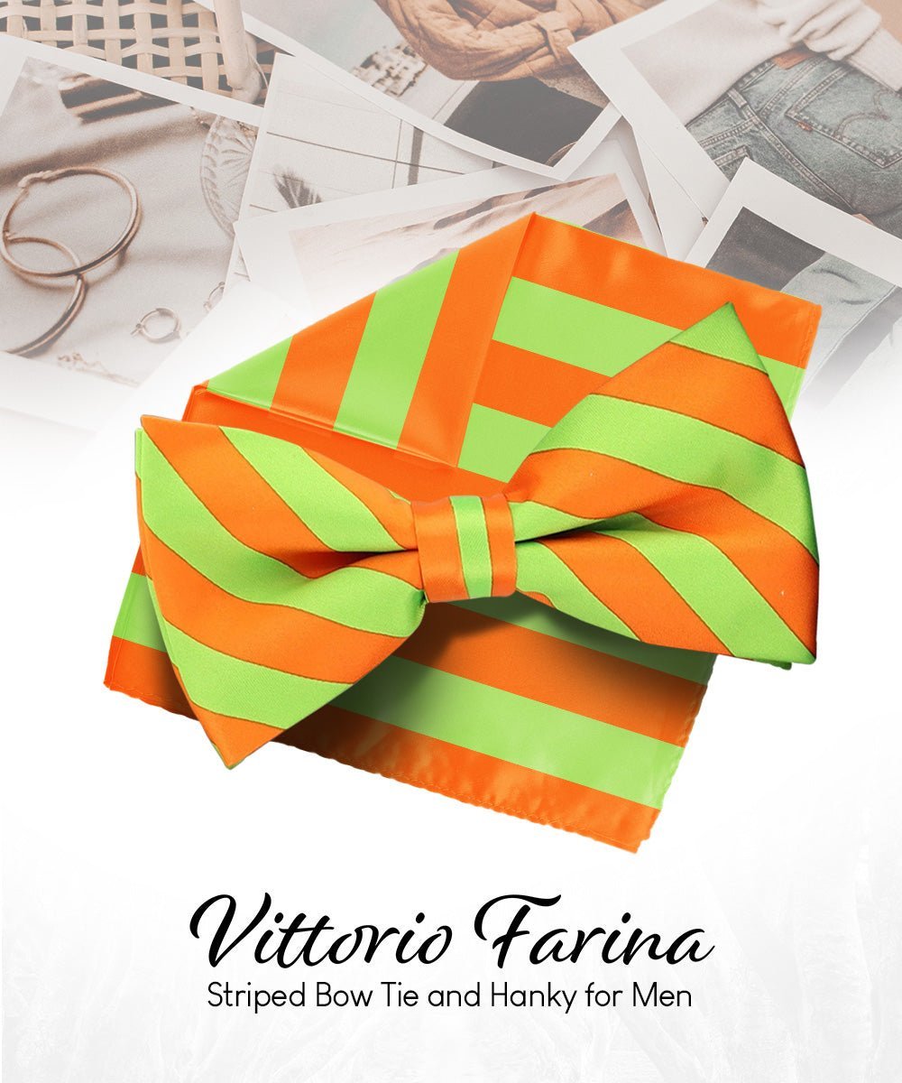 Vittorio Farina Men's Striped Satin Bow Tie & Pocket Square in Gift Box - Lime Green and Orange - Bow Tie & Pocket Square - Vittorio Farina