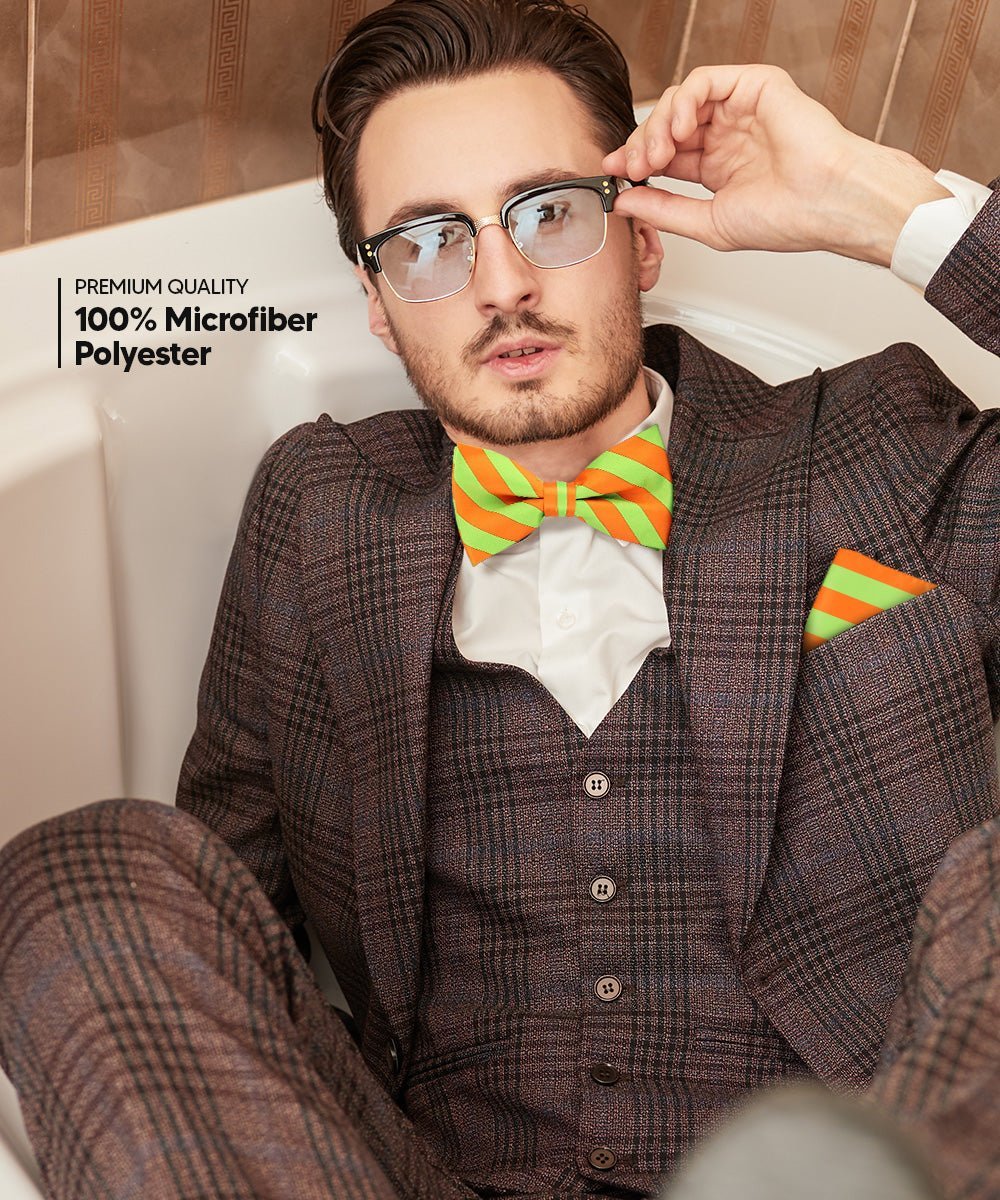Vittorio Farina Men's Striped Satin Bow Tie & Pocket Square in Gift Box - Lime Green and Orange - Bow Tie & Pocket Square - Vittorio Farina