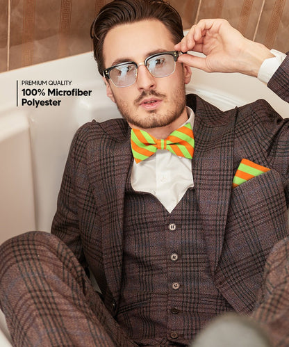 Vittorio Farina Men's Striped Satin Bow Tie & Pocket Square in Gift Box - Lime Green and Orange - Bow Tie & Pocket Square - Vittorio Farina