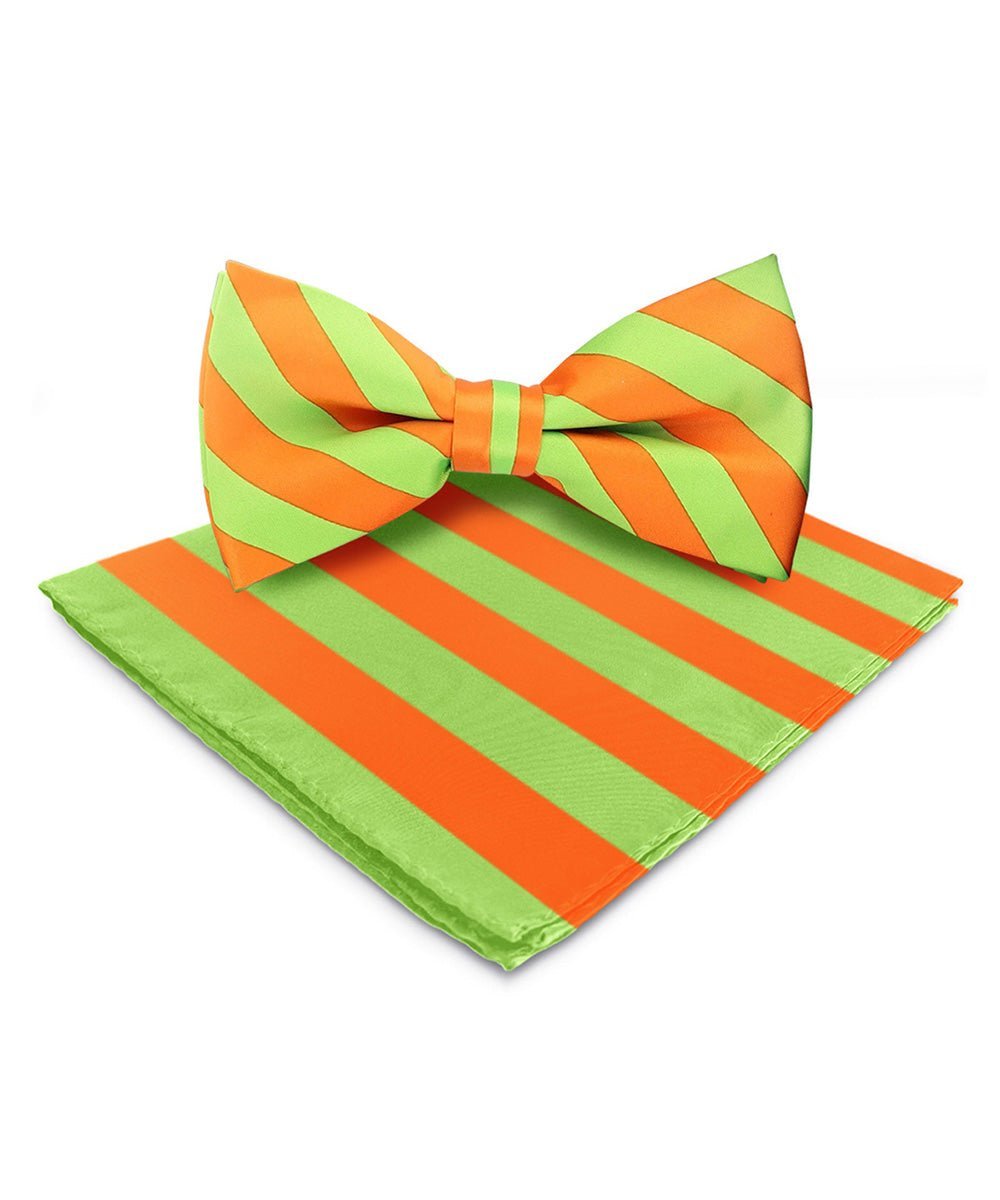 Vittorio Farina Men's Striped Satin Bow Tie & Pocket Square in Gift Box - Lime Green and Orange - Bow Tie & Pocket Square - Vittorio Farina
