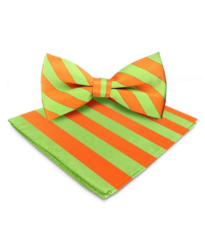 Vittorio Farina Men's Striped Satin Bow Tie & Pocket Square in Gift Box - Lime Green and Orange - Bow Tie & Pocket Square - Vittorio Farina