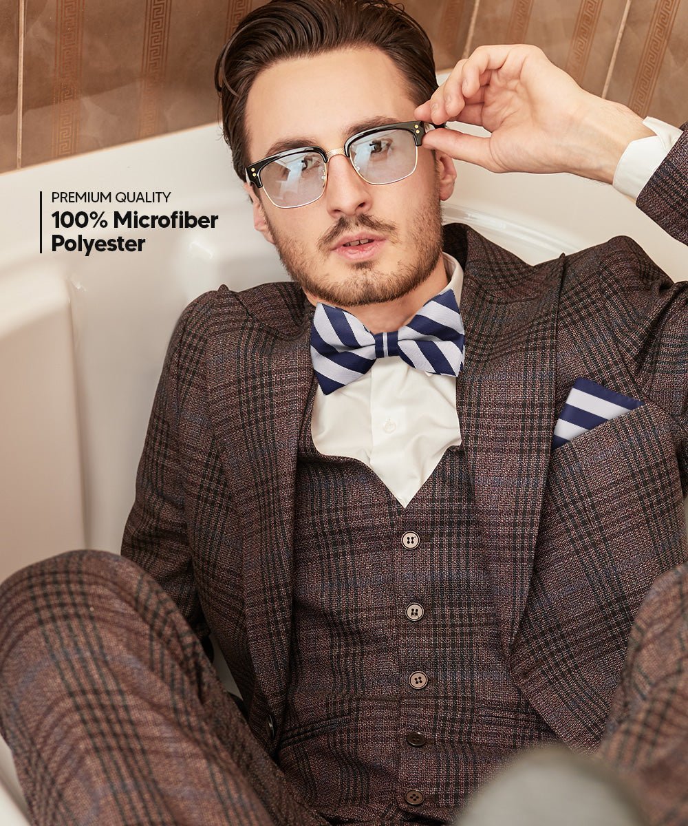 Vittorio Farina Men's Striped Satin Bow Tie & Pocket Square in Gift Box - Navy Blue and Gray - Bow Tie & Pocket Square - Vittorio Farina