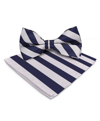 Vittorio Farina Men's Striped Satin Bow Tie & Pocket Square in Gift Box - Navy Blue and Gray - Bow Tie & Pocket Square - Vittorio Farina