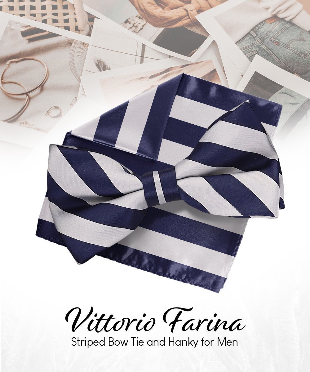 Vittorio Farina Men's Striped Satin Bow Tie & Pocket Square in Gift Box - Navy Blue and Gray - Bow Tie & Pocket Square - Vittorio Farina