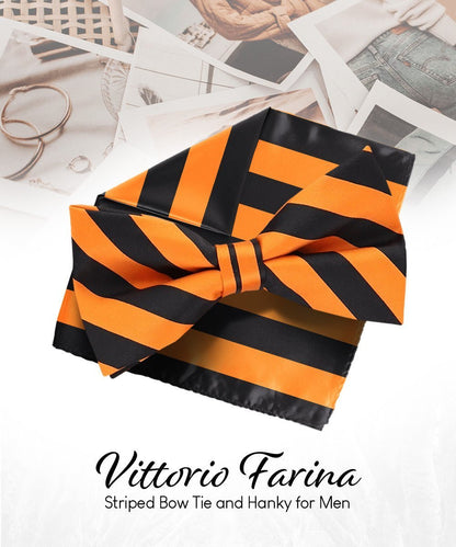Vittorio Farina Men's Striped Satin Bow Tie & Pocket Square in Gift Box - Orange and Black - Bow Tie & Pocket Square - Vittorio Farina