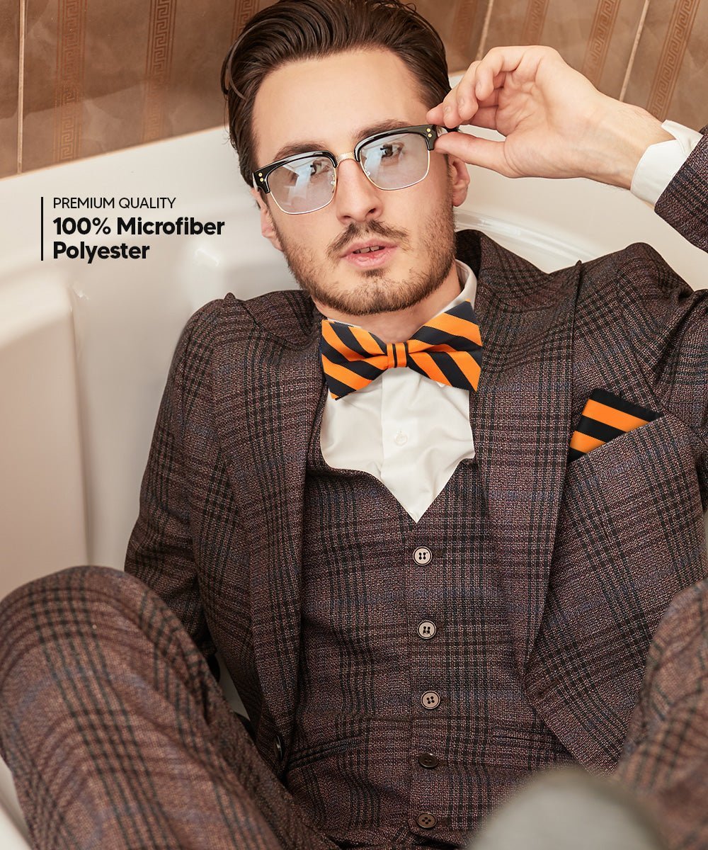 Vittorio Farina Men's Striped Satin Bow Tie & Pocket Square in Gift Box - Orange and Black - Bow Tie & Pocket Square - Vittorio Farina