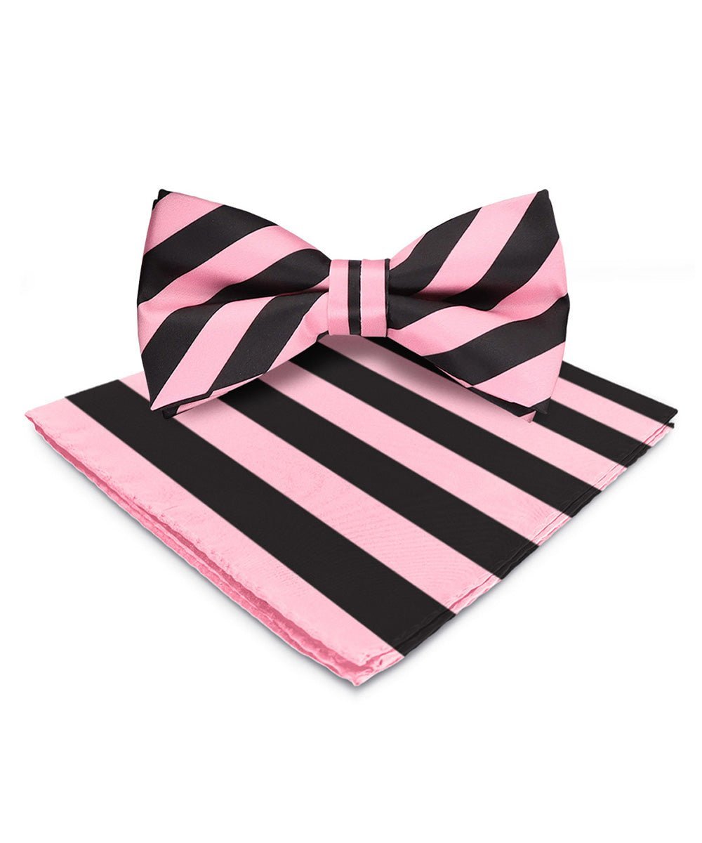 Vittorio Farina Men's Striped Satin Bow Tie & Pocket Square in Gift Box - Pink and Black - Bow Tie & Pocket Square - Vittorio Farina