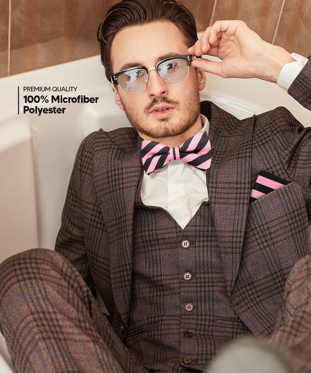 Vittorio Farina Men's Striped Satin Bow Tie & Pocket Square in Gift Box - Pink and Black - Bow Tie & Pocket Square - Vittorio Farina