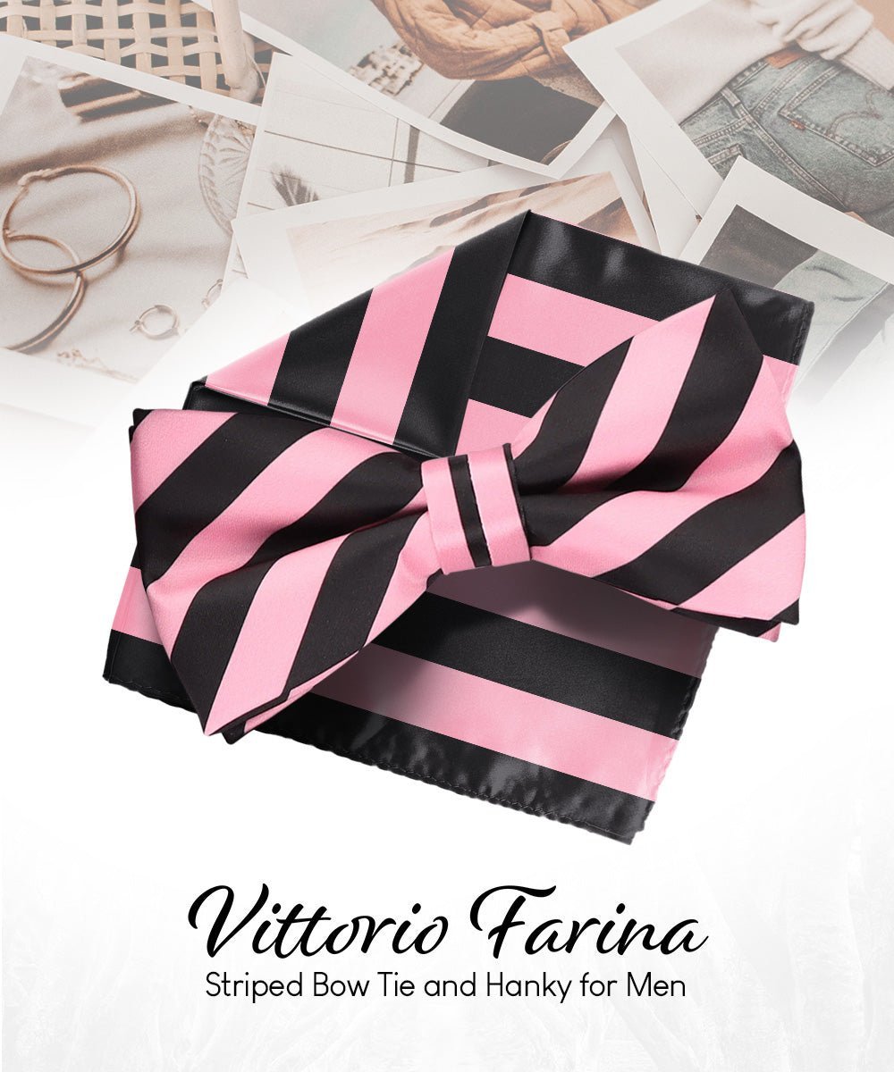 Vittorio Farina Men's Striped Satin Bow Tie & Pocket Square in Gift Box - Pink and Black - Bow Tie & Pocket Square - Vittorio Farina