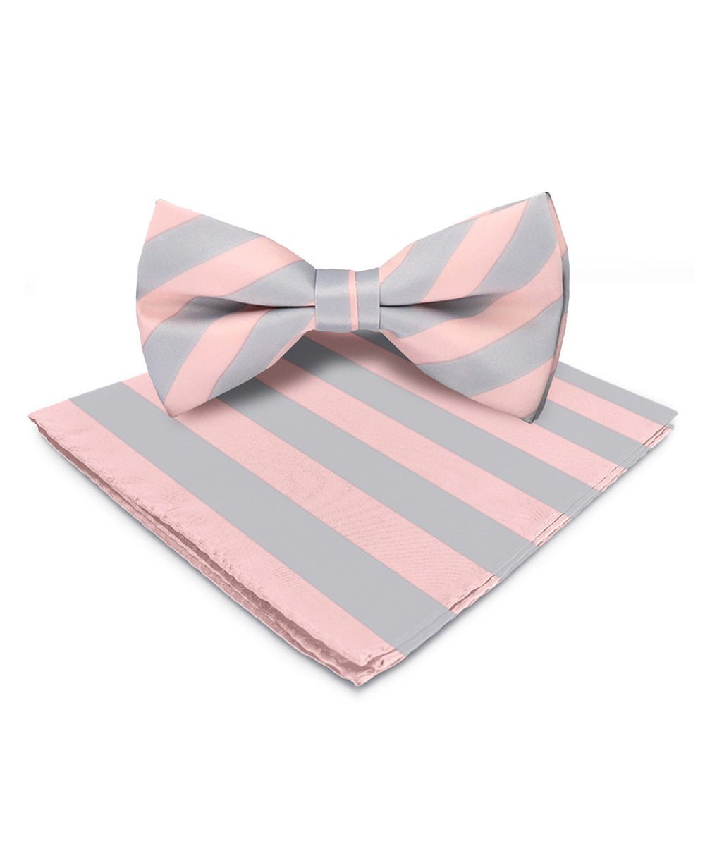 Vittorio Farina Men's Striped Satin Bow Tie & Pocket Square in Gift Box - Pink and Gray - Bow Tie & Pocket Square - Vittorio Farina