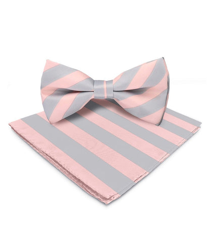 Vittorio Farina Men's Striped Satin Bow Tie & Pocket Square in Gift Box - Pink and Gray - Bow Tie & Pocket Square - Vittorio Farina