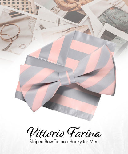 Vittorio Farina Men's Striped Satin Bow Tie & Pocket Square in Gift Box - Pink and Gray - Bow Tie & Pocket Square - Vittorio Farina