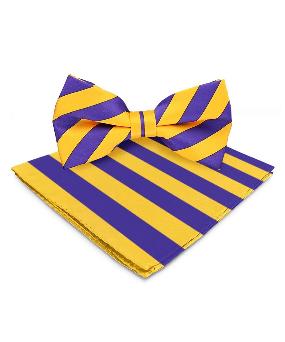 Vittorio Farina Men's Striped Satin Bow Tie & Pocket Square in Gift Box - Purple and Gold - Bow Tie & Pocket Square - Vittorio Farina
