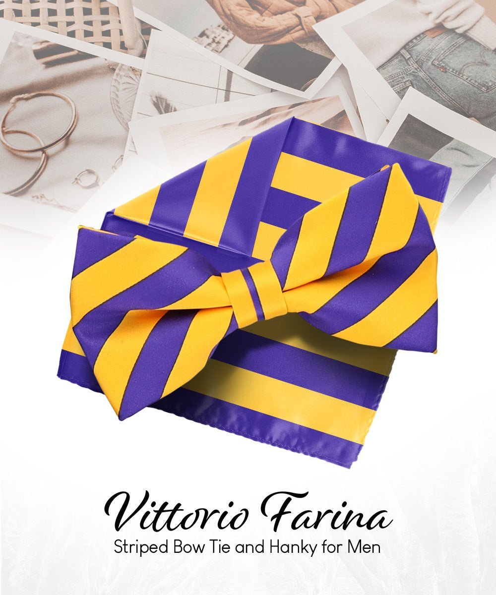 Vittorio Farina Men's Striped Satin Bow Tie & Pocket Square in Gift Box - Purple and Gold - Bow Tie & Pocket Square - Vittorio Farina